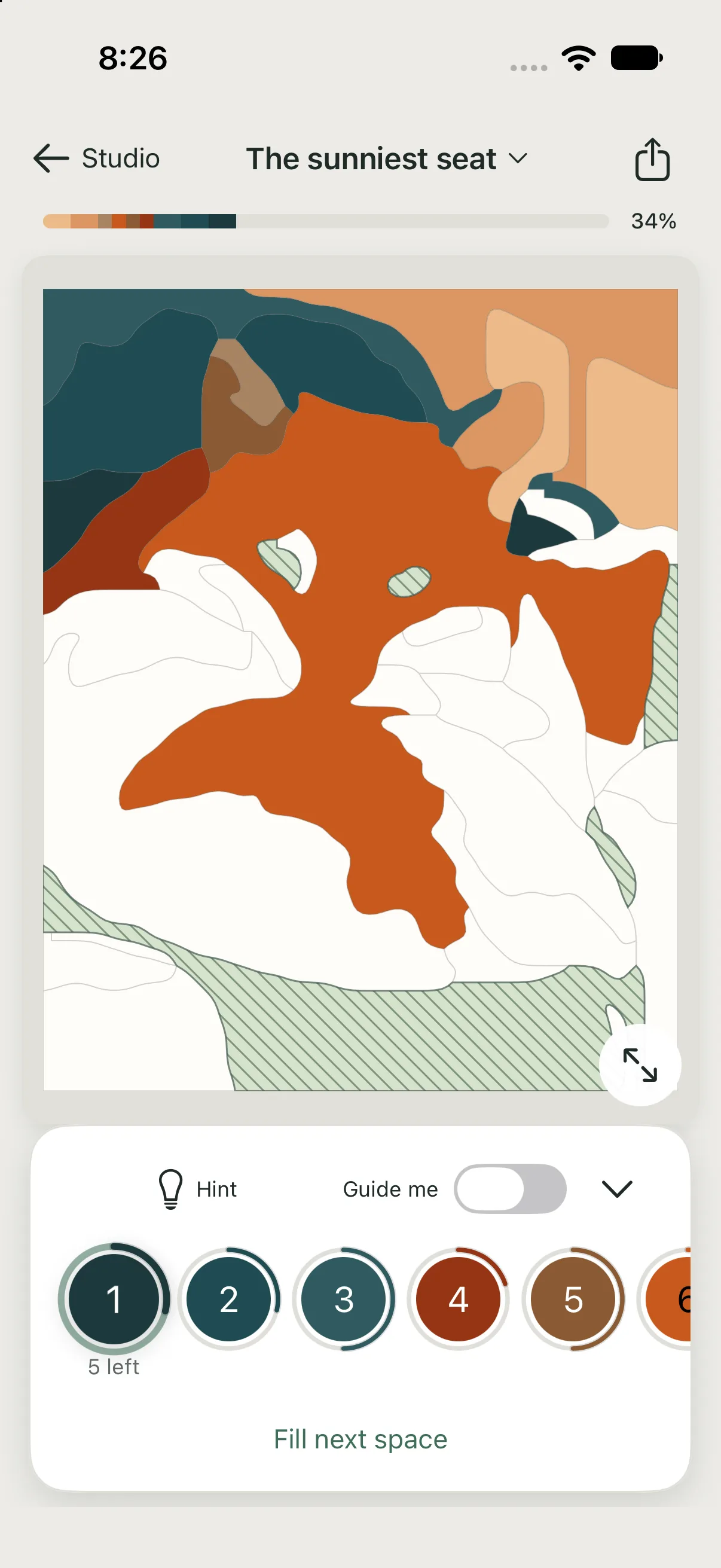 paintr on iPhone showing The sunniest seat, a partly painted orange cat, outlined unpainted regions, and numbered color pots.